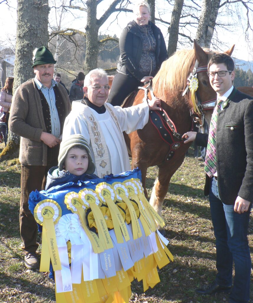 Nach einer kurzen Andacht und Segnung der Pferde erhielten die Pferde von Pfarrer Michael Bauer, Bürgermeister Martin Pichler (l.) und Erich Roth noch geweihte Schleifchen umgehängt. 
